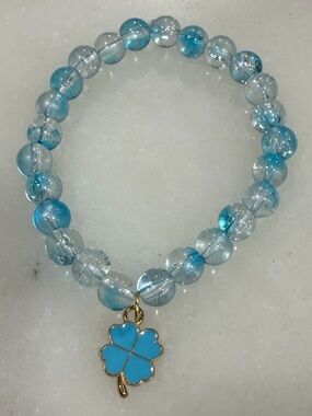 Blue Beaded Stretch Bracelet with Gold Clover Charm